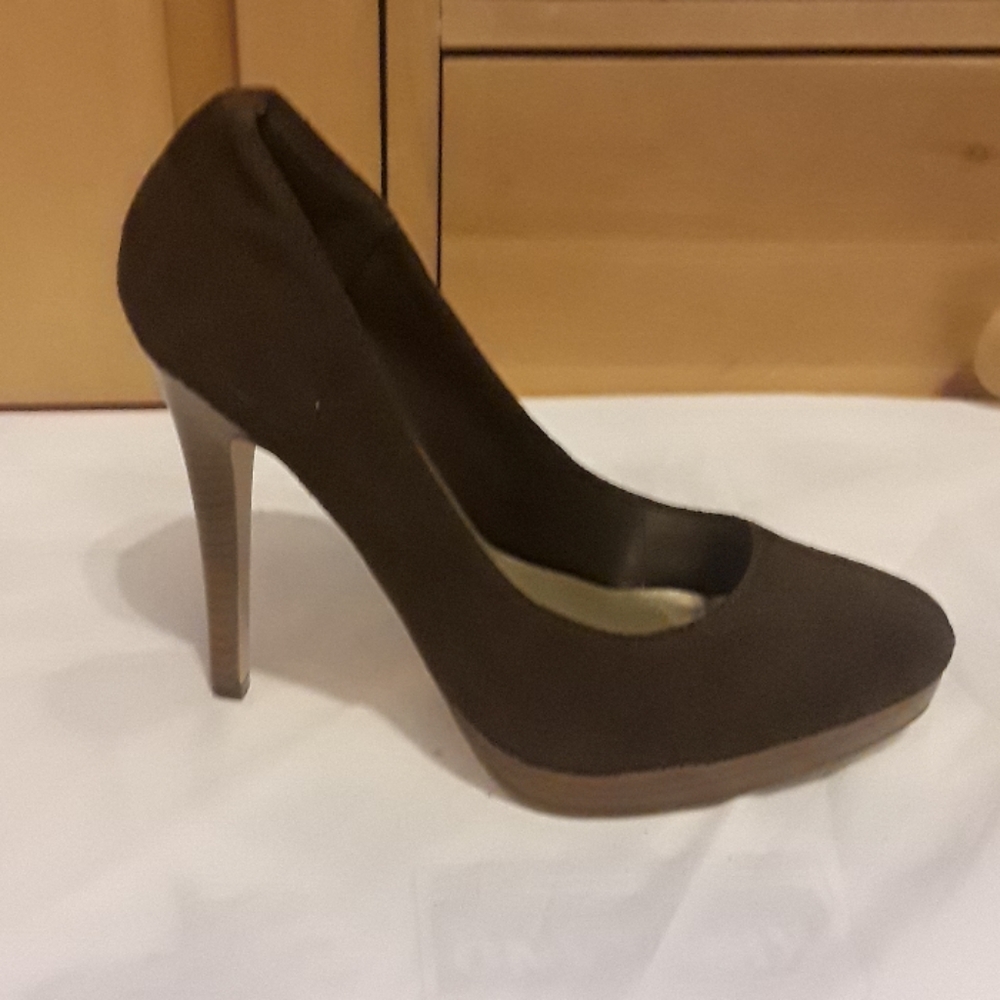 Brown suede stiletto stacked wood heels